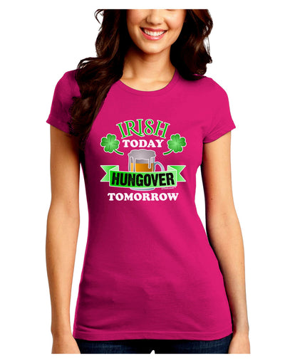 Irish Today Hungover Tomorrow Juniors Petite Crew Dark T-Shirt-T-Shirts Juniors Tops-TooLoud-Hot-Pink-Juniors Fitted Small-Davson Sales