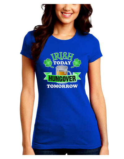Irish Today Hungover Tomorrow Juniors Petite Crew Dark T-Shirt-T-Shirts Juniors Tops-TooLoud-Royal-Blue-Juniors Fitted Small-Davson Sales