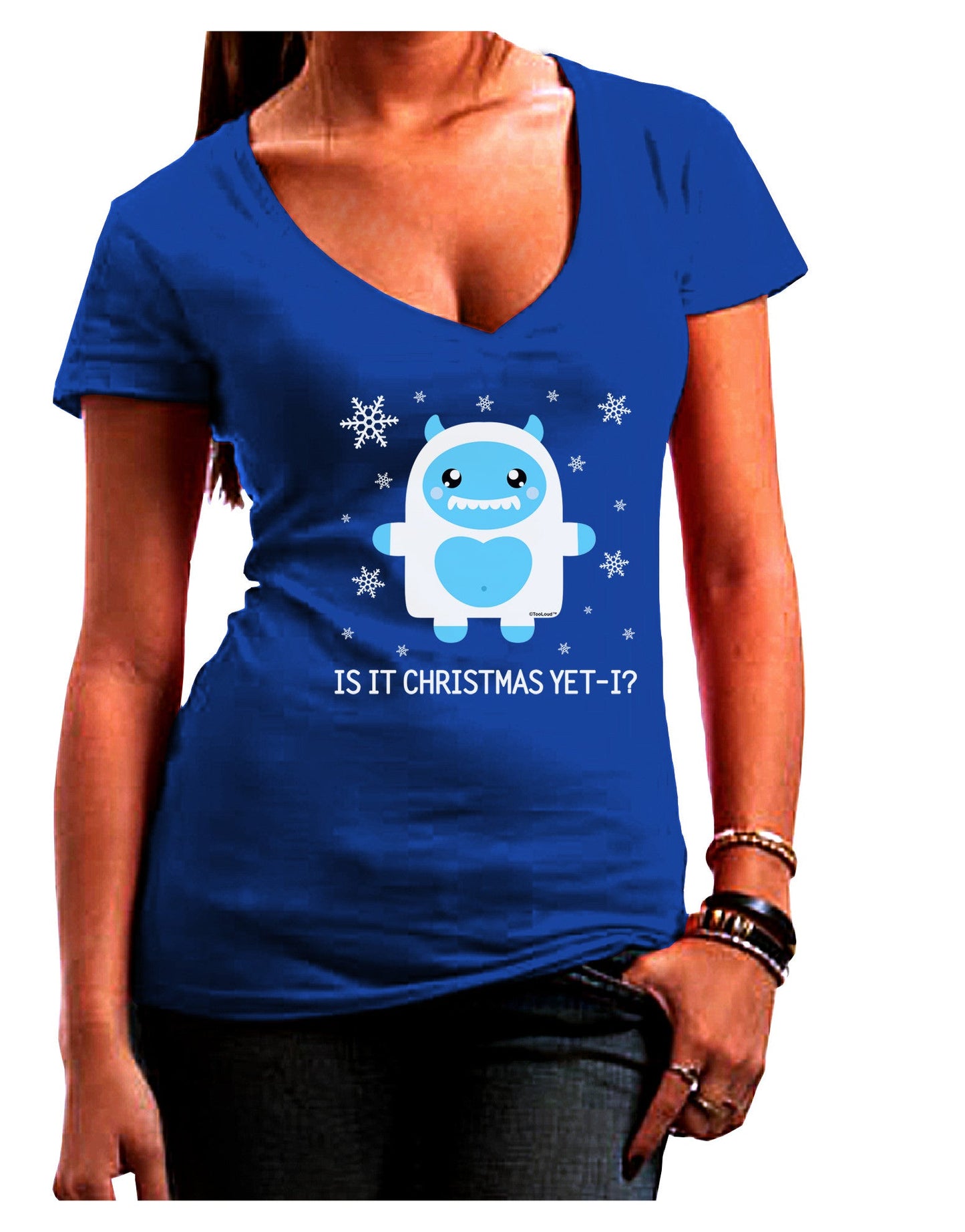 Is It Christmas Yet - Yeti Abominable Snowman Juniors V-Neck Dark T-Shirt-Womens V-Neck T-Shirts-TooLoud-Royal-Blue-Juniors Fitted Small-Davson Sales