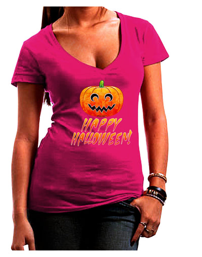 Jack-O-Lantern Watercolor Halloween Juniors V-Neck Dark T-Shirt-Womens V-Neck T-Shirts-TooLoud-Hot-Pink-Juniors Fitted Small-Davson Sales