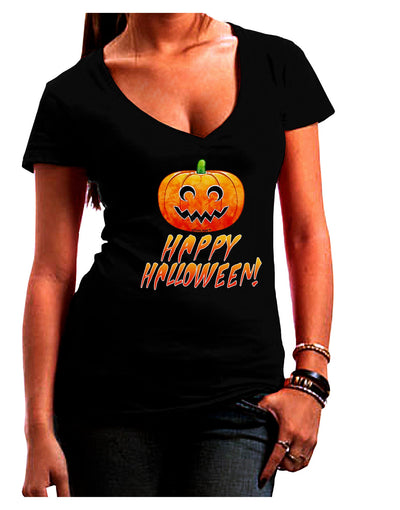 Jack-O-Lantern Watercolor Halloween Juniors V-Neck Dark T-Shirt-Womens V-Neck T-Shirts-TooLoud-Black-Juniors Fitted Small-Davson Sales