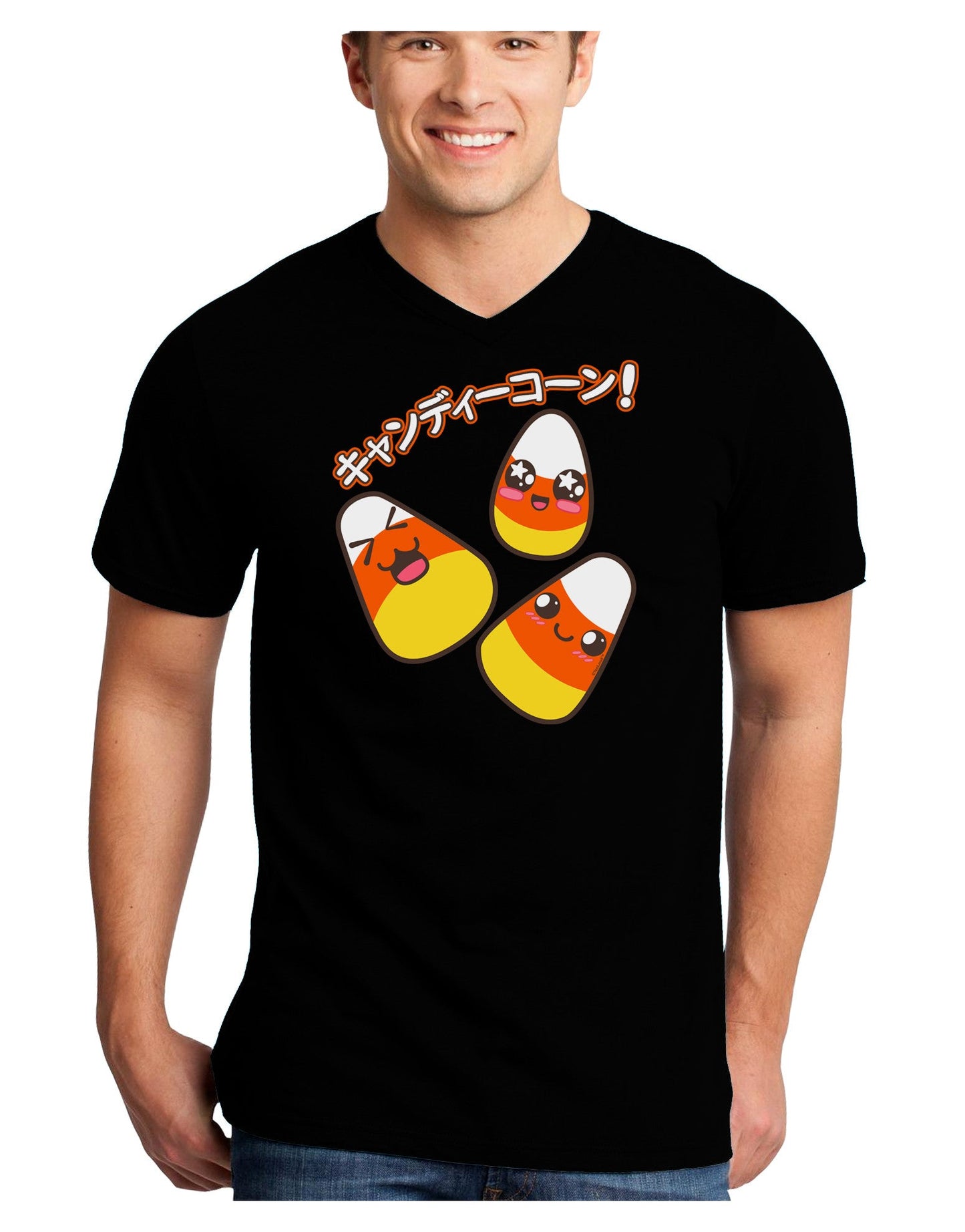 Japanese Kawaii Candy Corn Halloween Adult Dark V-Neck T-Shirt-TooLoud-Black-Small-Davson Sales
