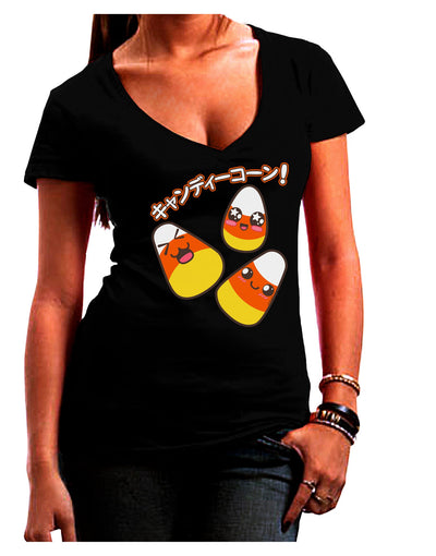 Japanese Kawaii Candy Corn Halloween Juniors V-Neck Dark T-Shirt-Womens V-Neck T-Shirts-TooLoud-Black-Small-Davson Sales