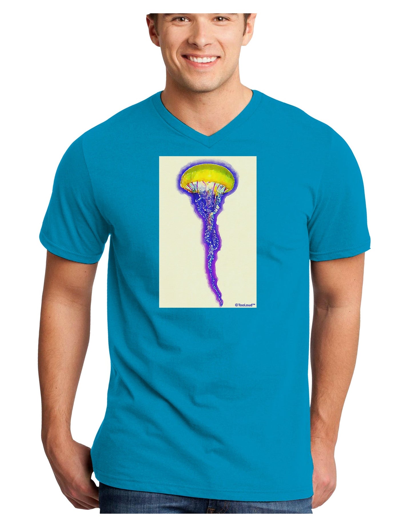 Jellyfish Outlined in Purple Watercolor Adult Dark V-Neck T-Shirt-TooLoud-Turquoise-Small-Davson Sales