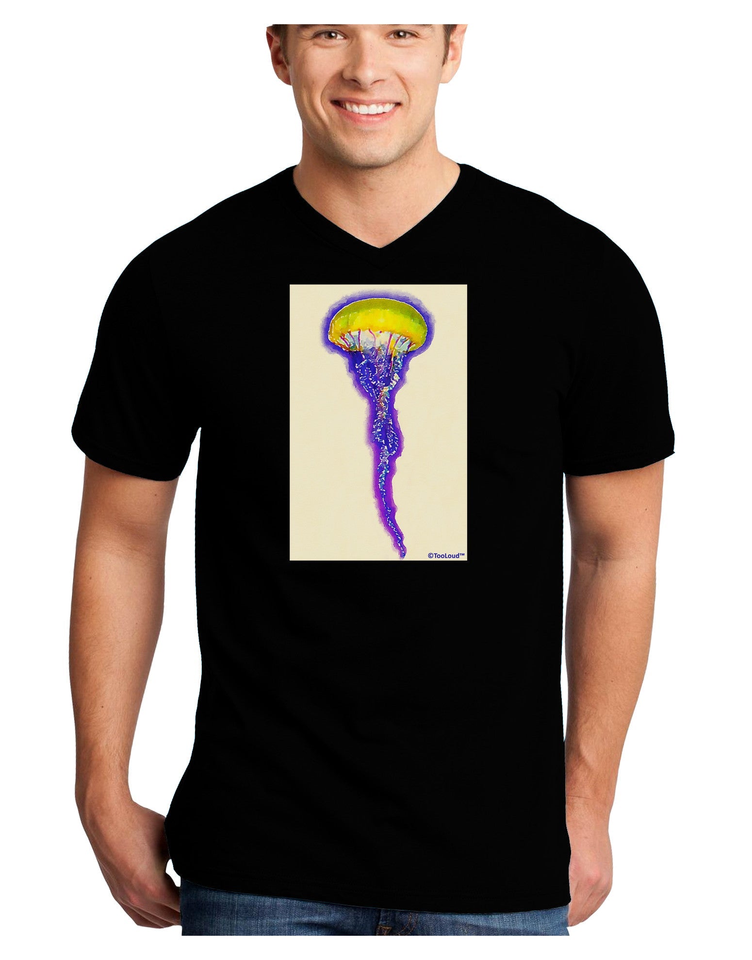 Jellyfish Outlined in Purple Watercolor Adult Dark V-Neck T-Shirt-TooLoud-Black-Small-Davson Sales