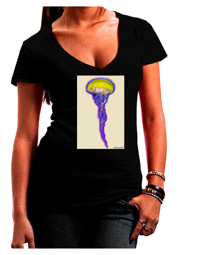 Jellyfish Outlined in Purple Watercolor Juniors V-Neck Dark T-Shirt-Womens V-Neck T-Shirts-TooLoud-Black-Juniors Fitted Small-Davson Sales