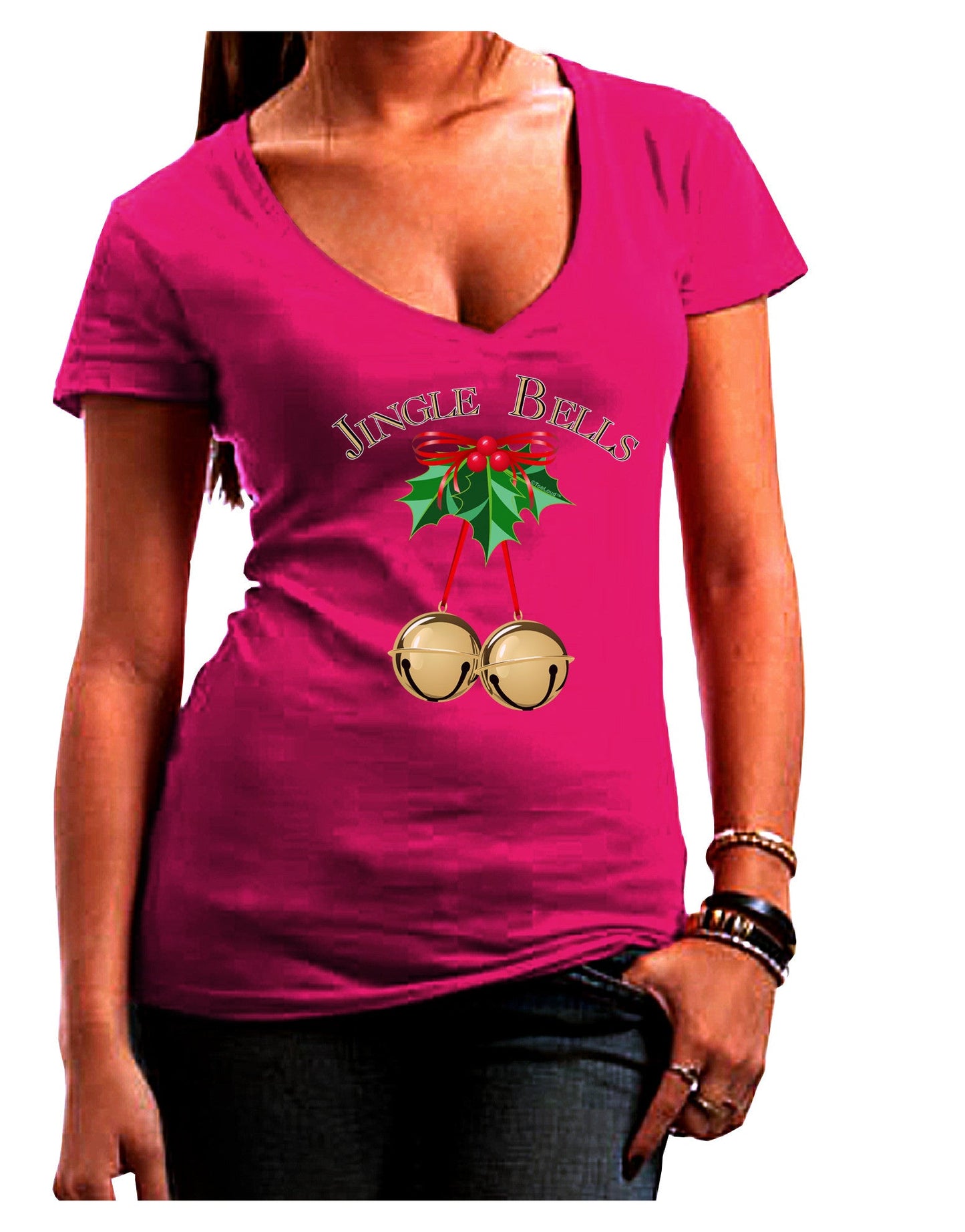 Jingle Bells Womens V-Neck Dark T-Shirt-Womens V-Neck T-Shirts-TooLoud-Hot-Pink-Juniors Fitted Small-Davson Sales