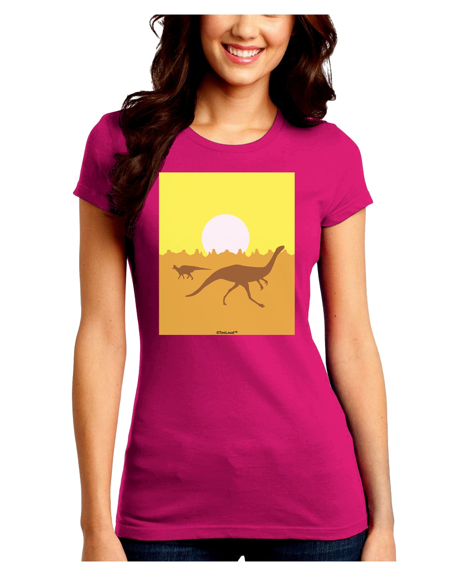 Jurassic Dinosaur Sunrise Juniors Crew Dark T-Shirt by TooLoud-T-Shirts Juniors Tops-TooLoud-Hot-Pink-Juniors Fitted Small-Davson Sales