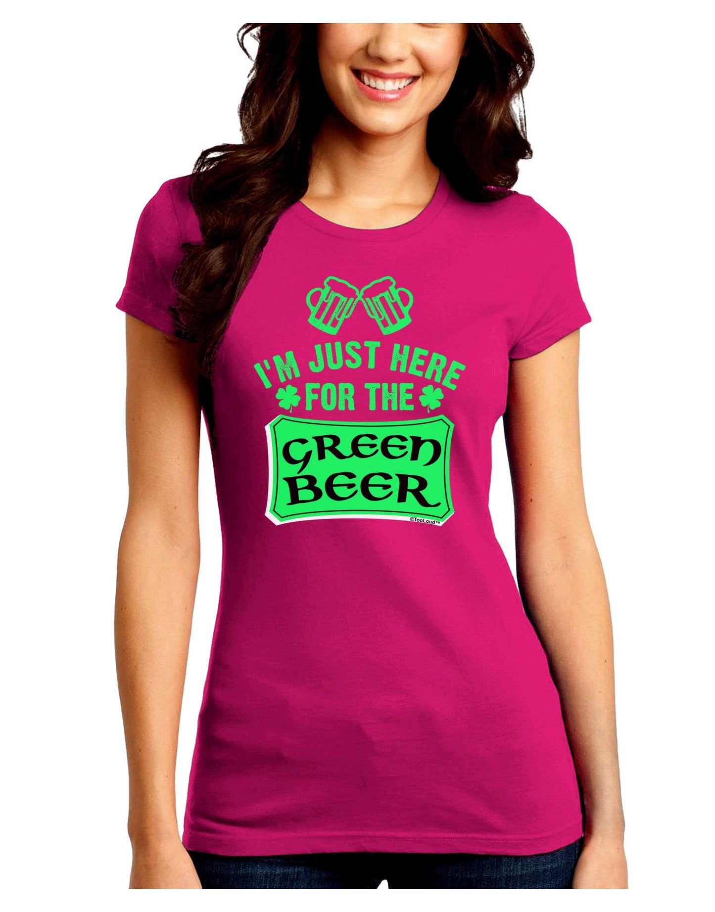 Just Here For The Green Beer Juniors Petite Crew Dark T-Shirt-T-Shirts Juniors Tops-TooLoud-Hot-Pink-Juniors Fitted Small-Davson Sales