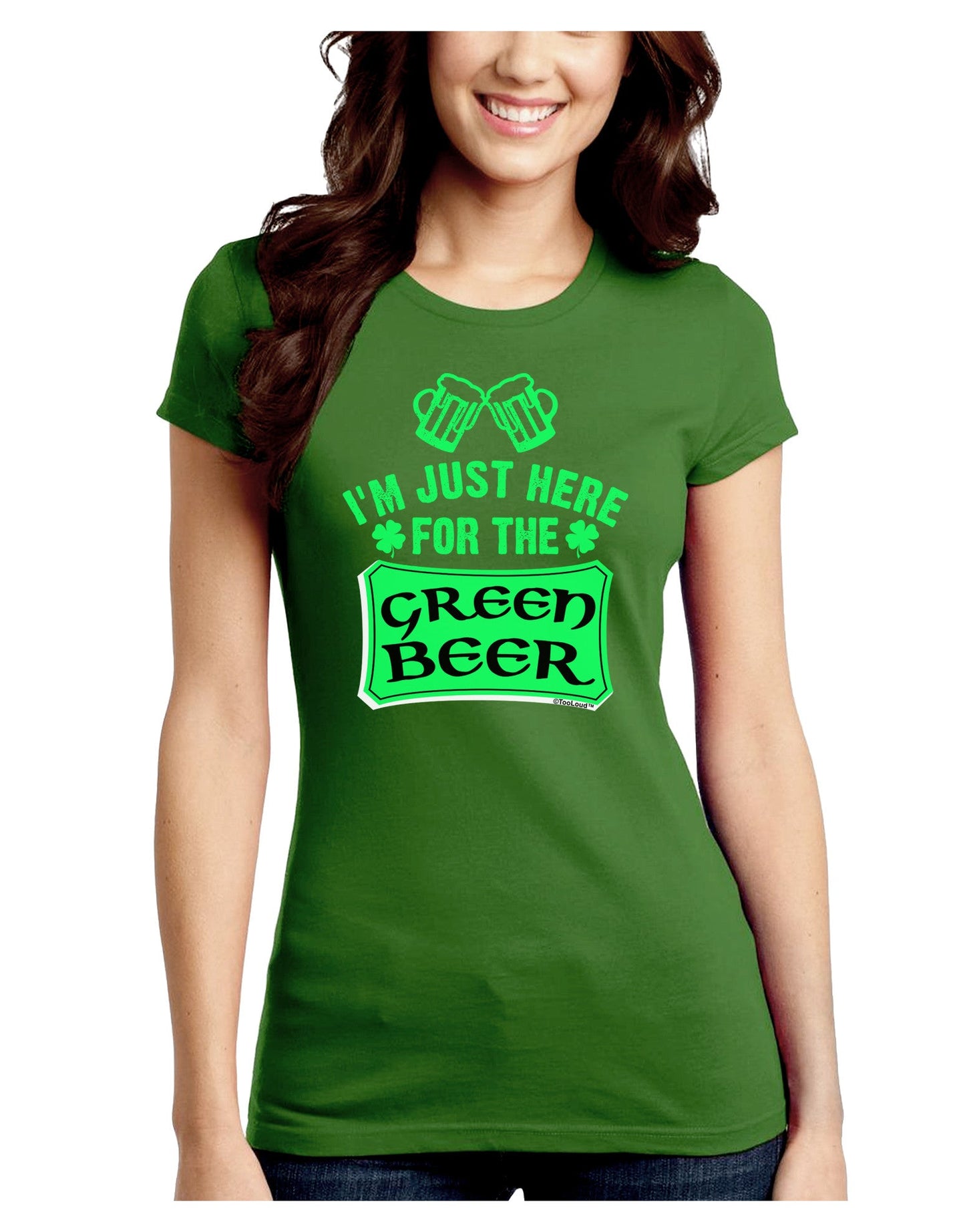 Just Here For The Green Beer Juniors Petite Crew Dark T-Shirt-T-Shirts Juniors Tops-TooLoud-Kiwi-Green-Juniors Fitted Small-Davson Sales