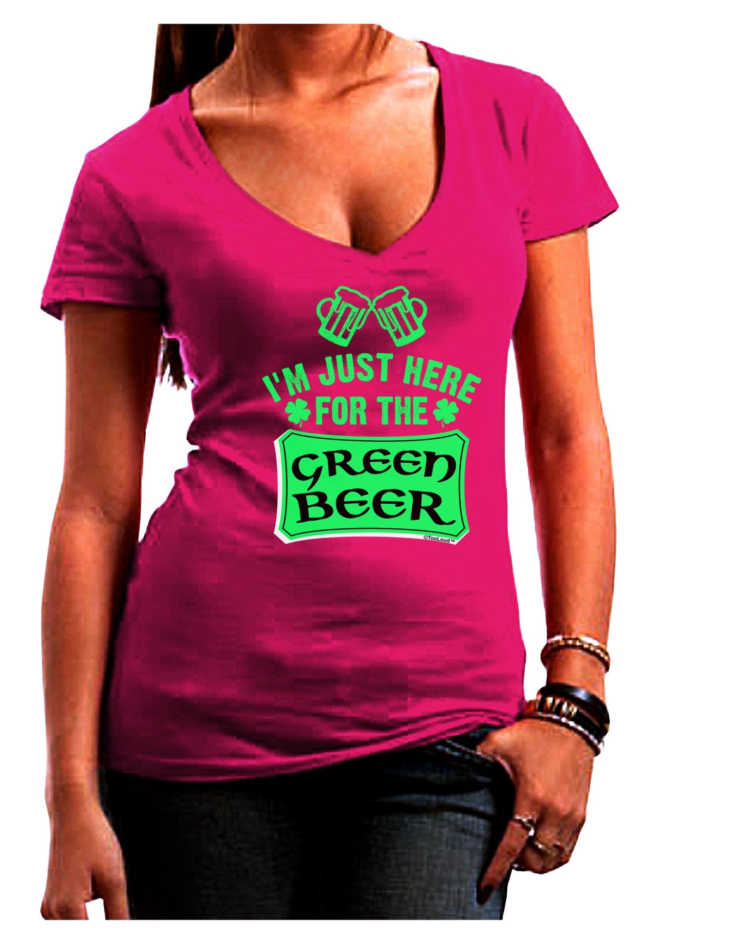 Just Here For The Green Beer Womens V-Neck Dark T-Shirt-Womens V-Neck T-Shirts-TooLoud-Hot-Pink-Juniors Fitted Small-Davson Sales