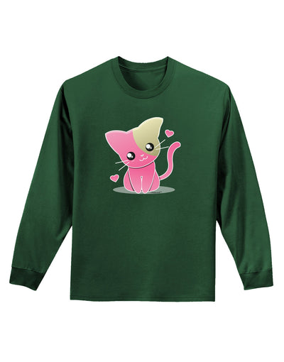 Kawaii Kitty Adult Long Sleeve Dark T-Shirt-TooLoud-Dark-Green-Small-Davson Sales