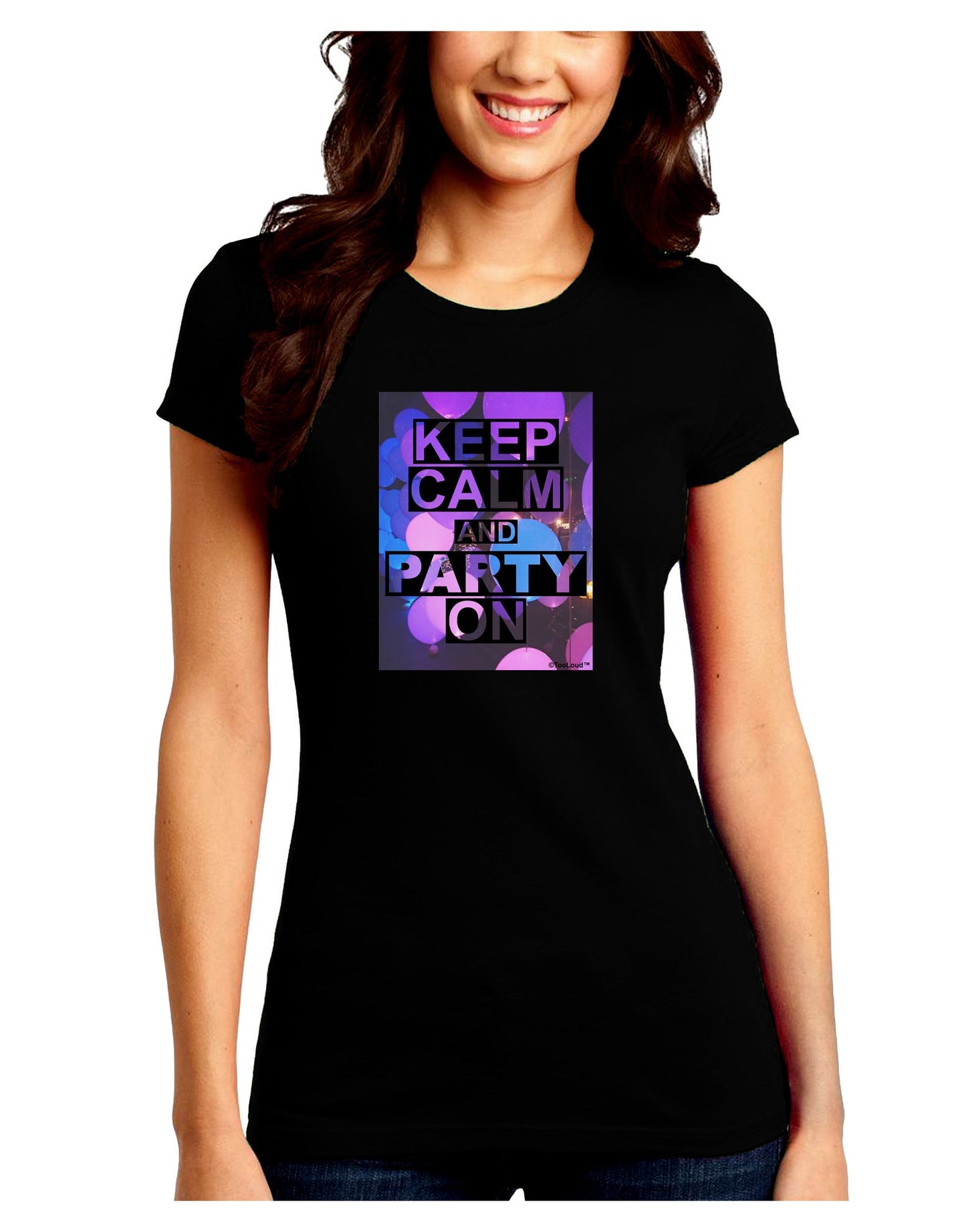 Keep Calm - Party Balloons Juniors Petite Crew Dark T-Shirt-T-Shirts Juniors Tops-TooLoud-Black-Juniors Fitted Small-Davson Sales