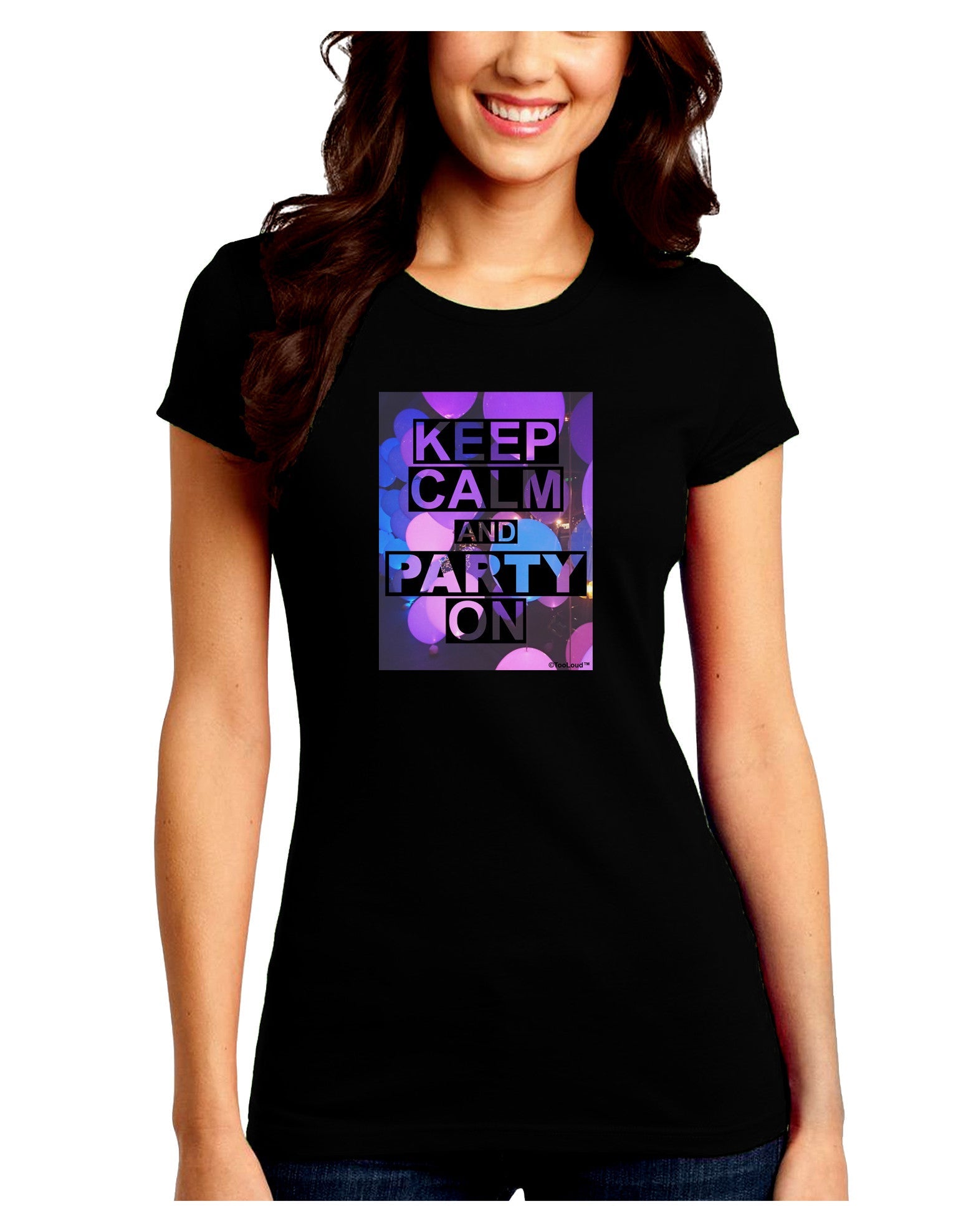 Keep Calm - Party Balloons Juniors Petite Crew Dark T-Shirt-T-Shirts Juniors Tops-TooLoud-Black-Juniors Fitted Small-Davson Sales