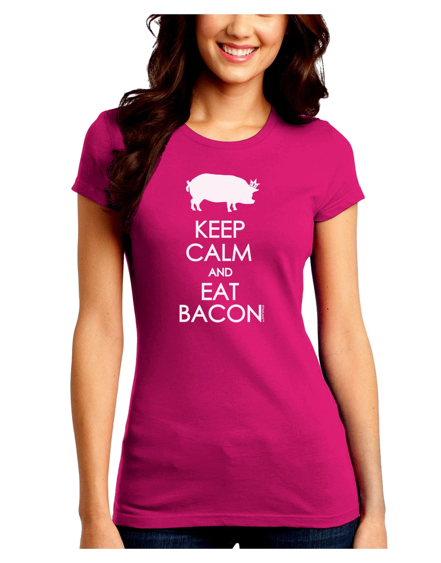 Keep Calm and Eat Bacon Juniors Petite Crew Dark T-Shirt-T-Shirts Juniors Tops-TooLoud-Hot-Pink-Juniors Fitted Small-Davson Sales