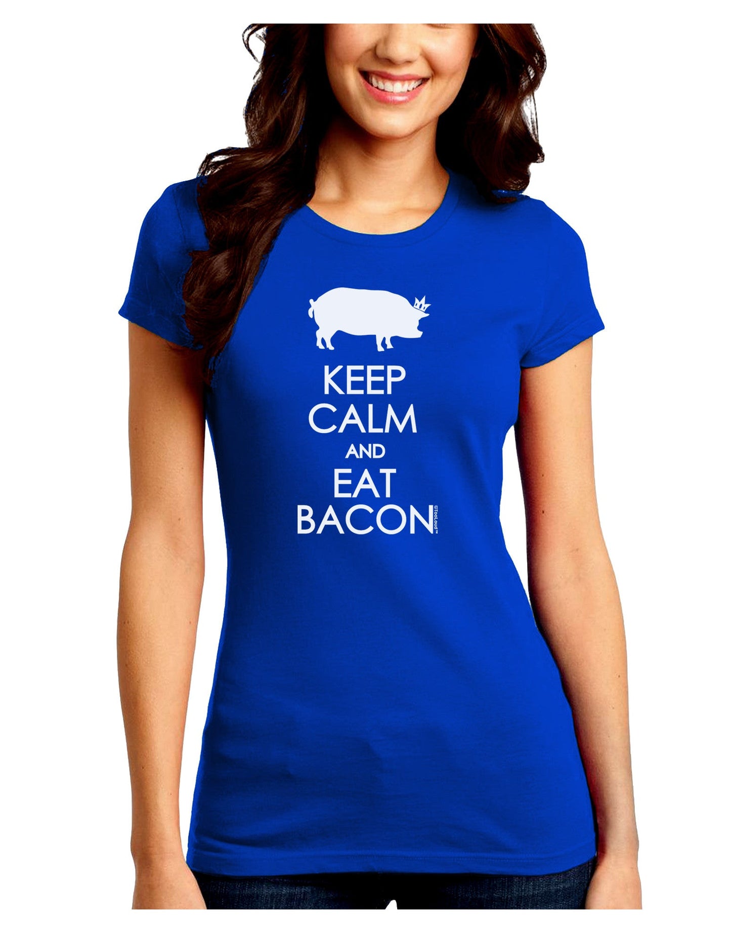 Keep Calm and Eat Bacon Juniors Petite Crew Dark T-Shirt-T-Shirts Juniors Tops-TooLoud-Royal-Blue-Juniors Fitted Small-Davson Sales