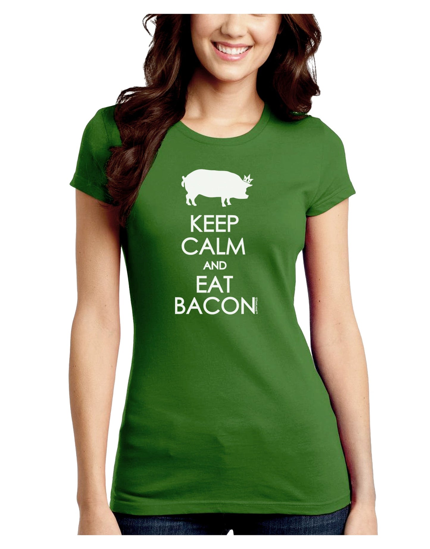 Keep Calm and Eat Bacon Juniors Petite Crew Dark T-Shirt-T-Shirts Juniors Tops-TooLoud-Kiwi-Green-Juniors Fitted Small-Davson Sales