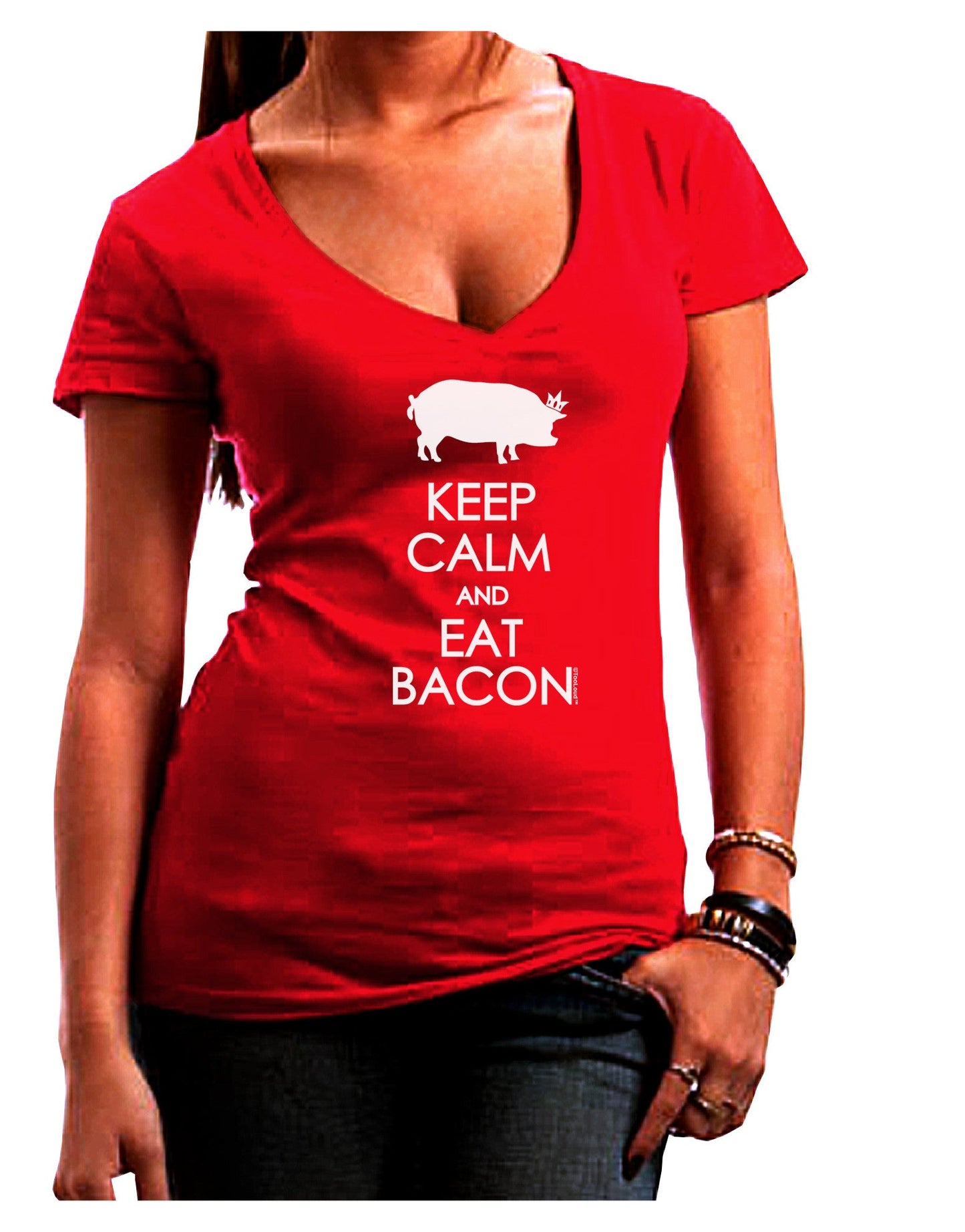 Keep Calm and Eat Bacon Womens V-Neck Dark T-Shirt-Womens V-Neck T-Shirts-TooLoud-Red-Juniors Fitted Small-Davson Sales