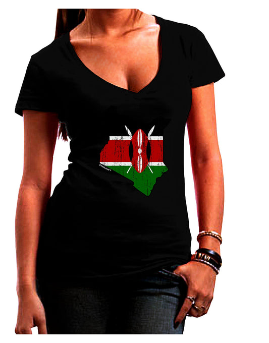 Kenya Flag Silhouette Distressed Womens V-Neck Dark T-Shirt-Womens V-Neck T-Shirts-TooLoud-Black-Juniors Fitted Small-Davson Sales