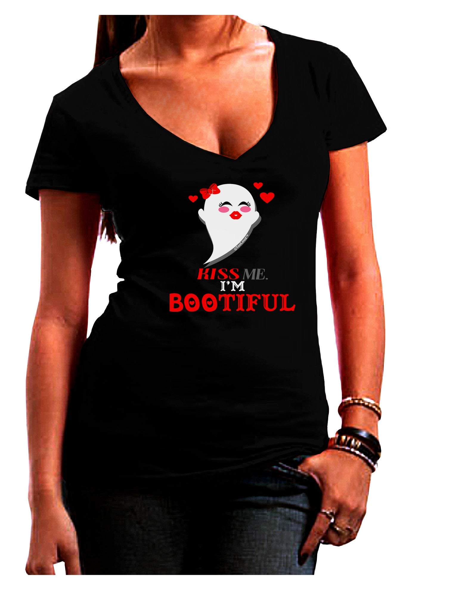 Kiss Me BOOtiful Ghost Red Juniors V-Neck Dark T-Shirt-Womens V-Neck T-Shirts-TooLoud-Black-Juniors Fitted Small-Davson Sales