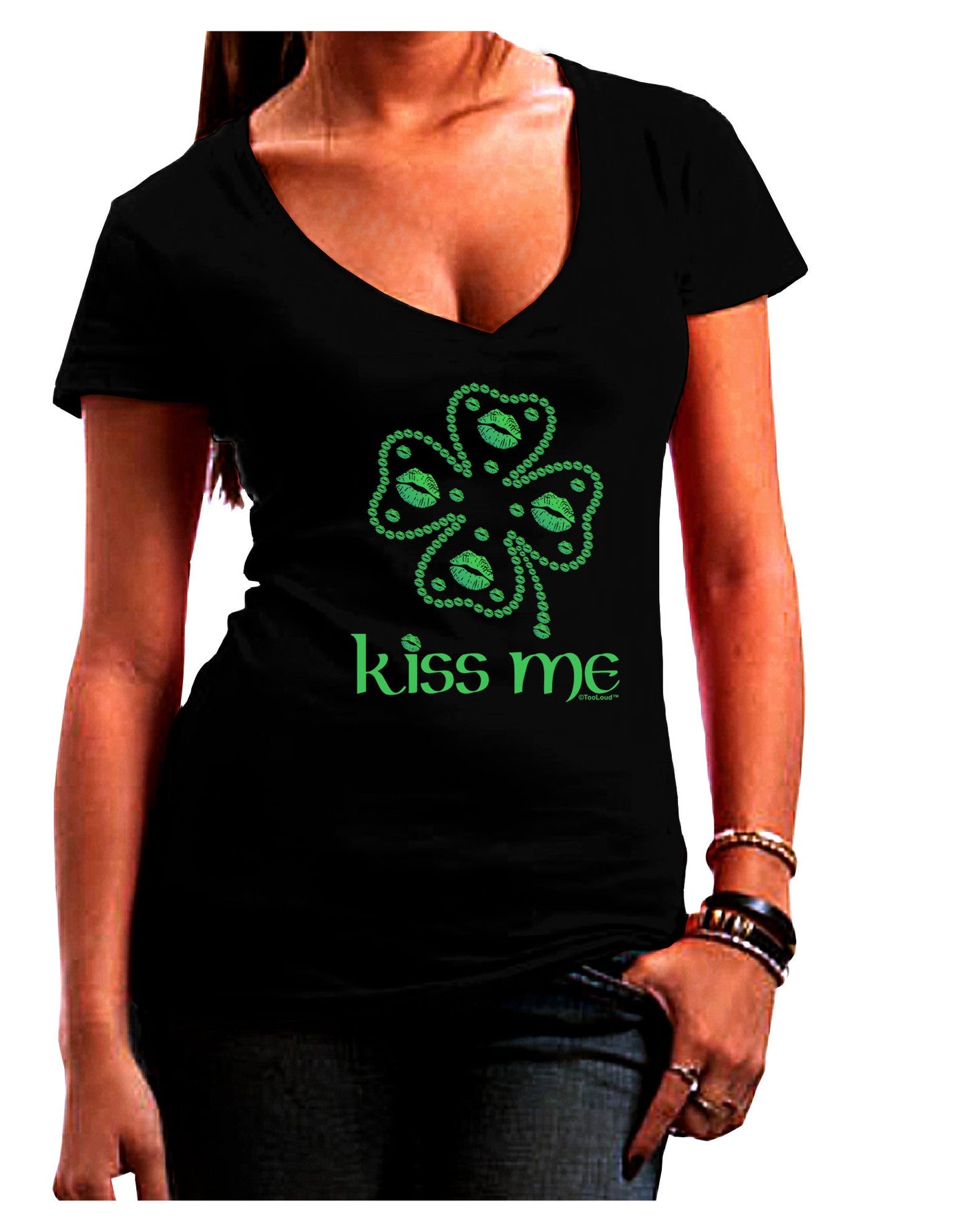 Kiss Me Clover Womens V-Neck Dark T-Shirt-Womens V-Neck T-Shirts-TooLoud-Black-Juniors Fitted Small-Davson Sales