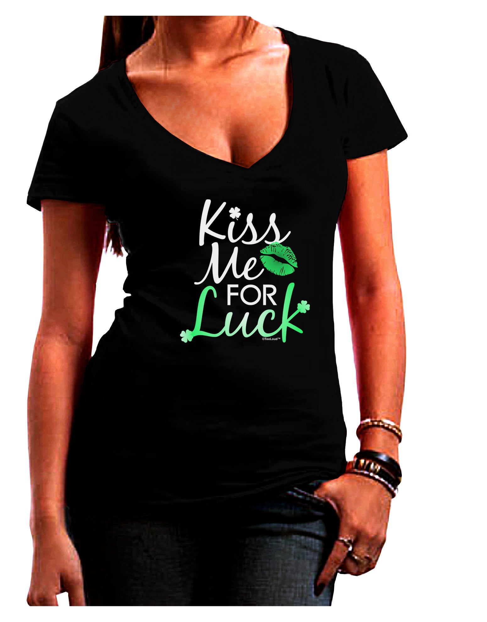 Kiss Me For Luck Womens V-Neck Dark T-Shirt-Womens V-Neck T-Shirts-TooLoud-Black-Juniors Fitted Small-Davson Sales