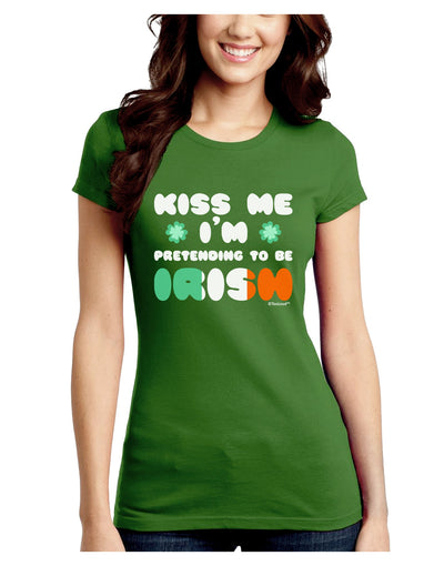 Kiss Me I'm Pretending to Be Irish Juniors Crew Dark T-Shirt by TooLoud-T-Shirts Juniors Tops-TooLoud-Kiwi-Green-Juniors Fitted X-Small-Davson Sales