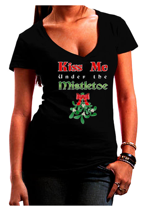 Kiss Me Under the Mistletoe Christmas Juniors V-Neck Dark T-Shirt-Womens V-Neck T-Shirts-TooLoud-Black-Juniors Fitted Small-Davson Sales