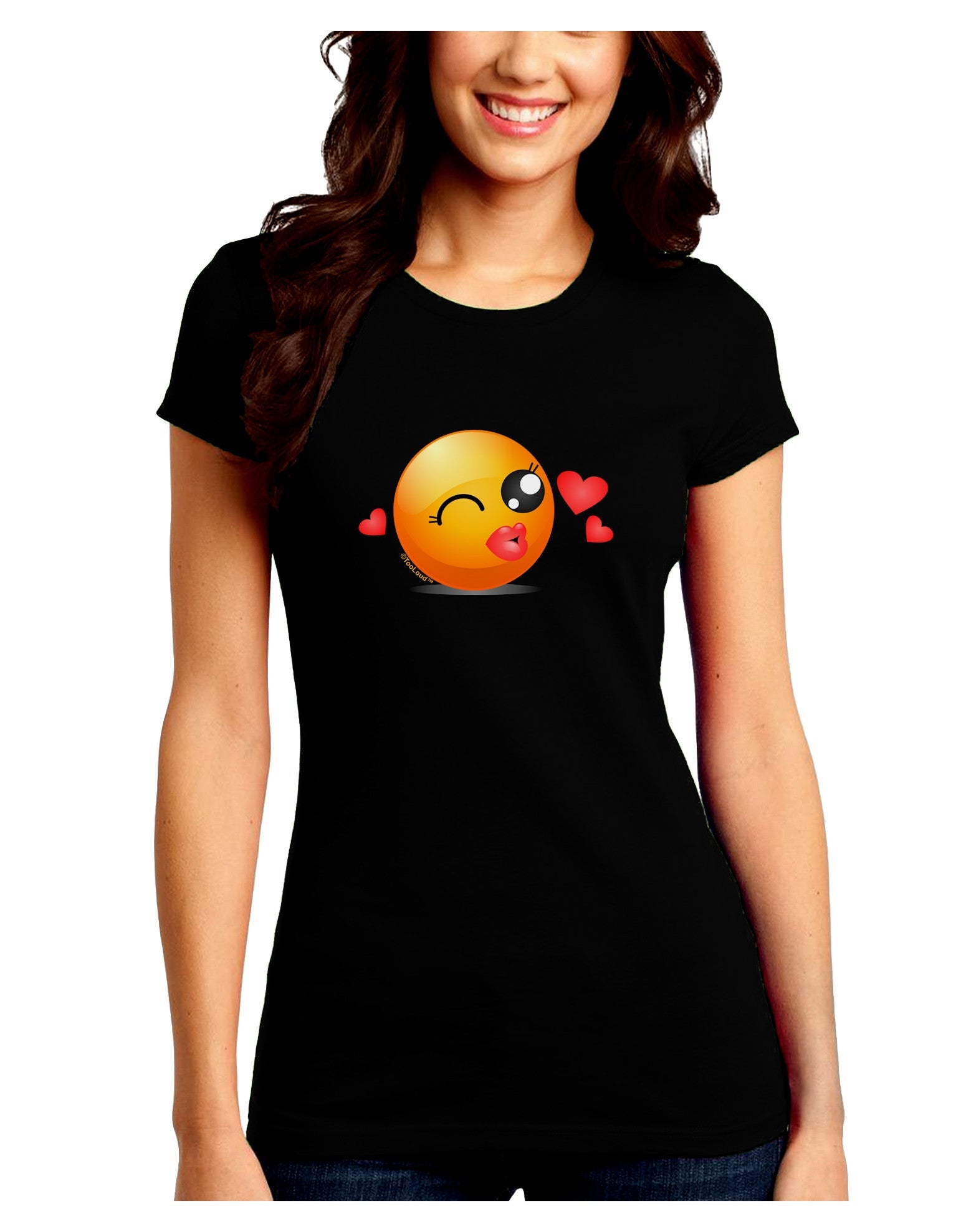 Kissy Face Emoji Girl Juniors Petite Crew Dark T-Shirt-T-Shirts Juniors Tops-TooLoud-Black-Juniors Fitted Small-Davson Sales