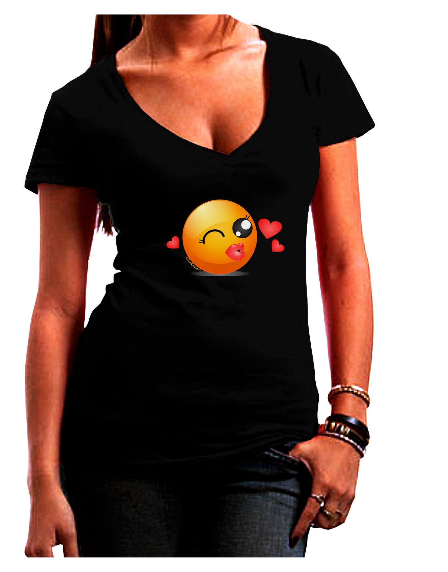 Kissy Face Emoji Girl Womens V-Neck Dark T-Shirt-Womens V-Neck T-Shirts-TooLoud-Black-Juniors Fitted Small-Davson Sales