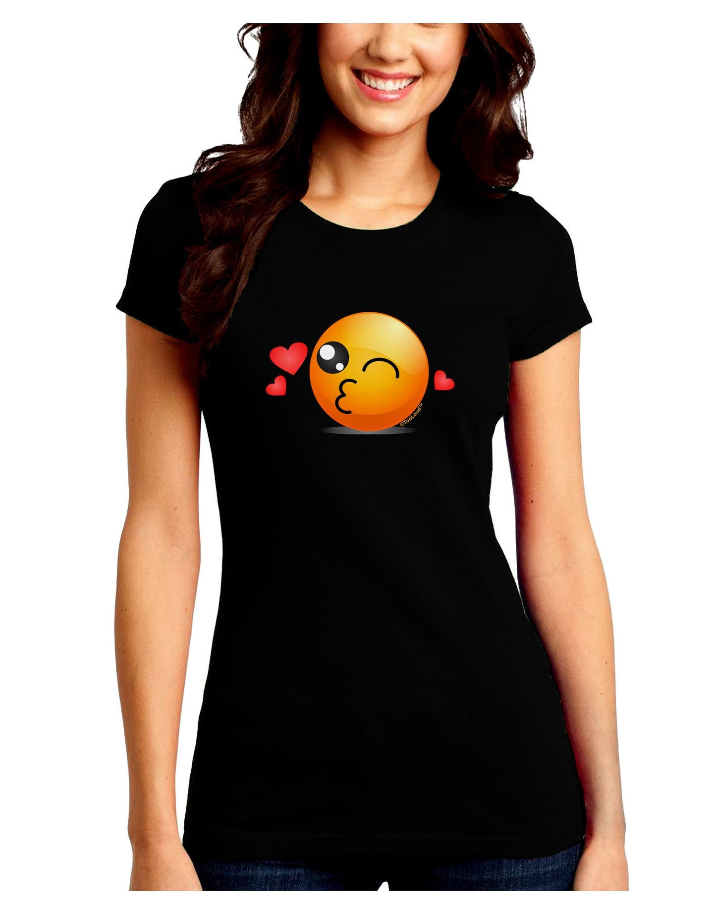Kissy Face Emoji Juniors Petite Crew Dark T-Shirt-T-Shirts Juniors Tops-TooLoud-Black-Juniors Fitted Small-Davson Sales