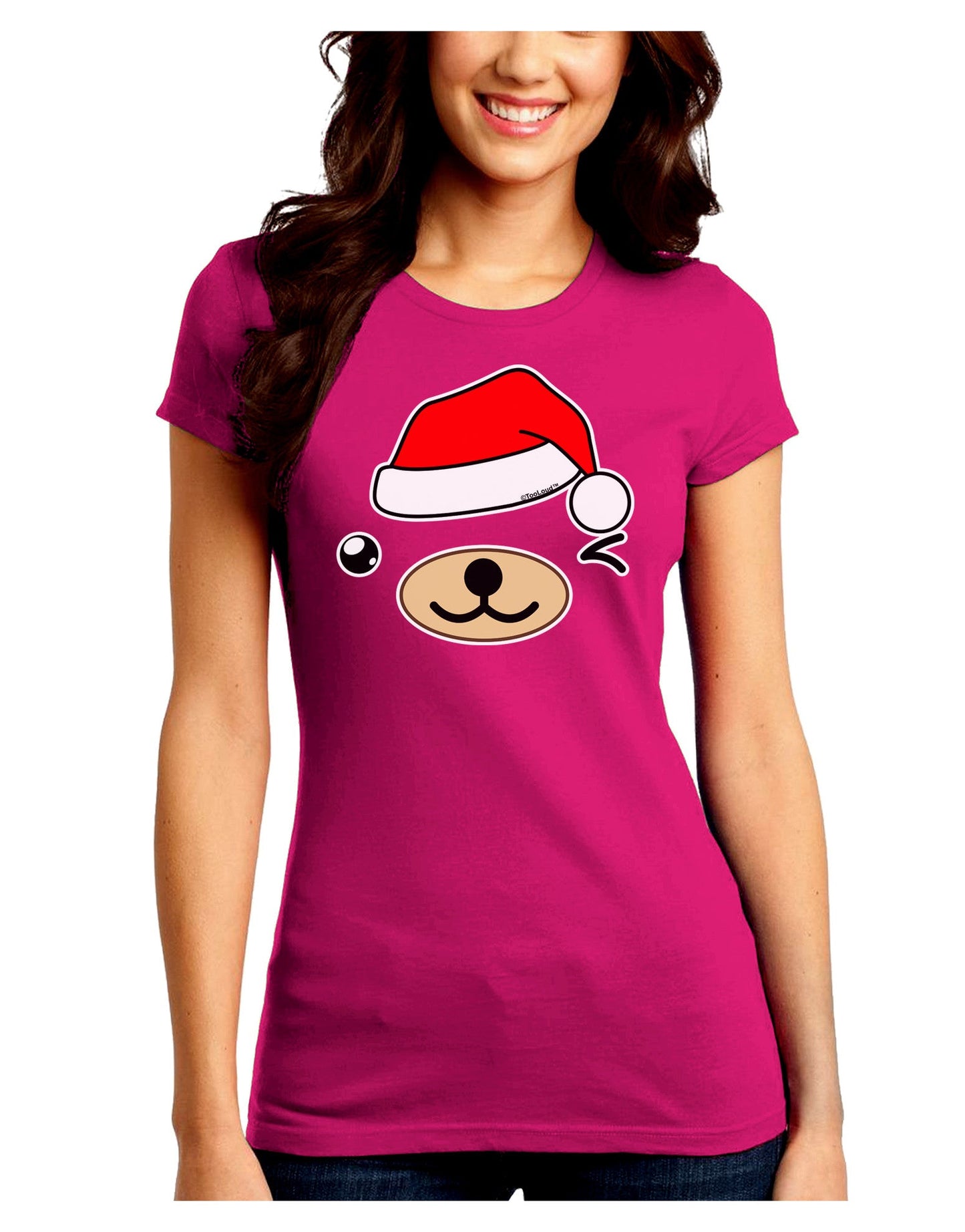 Kyu-T Face Beartholomew Santa Boy Bear Juniors Crew Dark T-Shirt-T-Shirts Juniors Tops-TooLoud-Hot-Pink-Juniors Fitted Small-Davson Sales