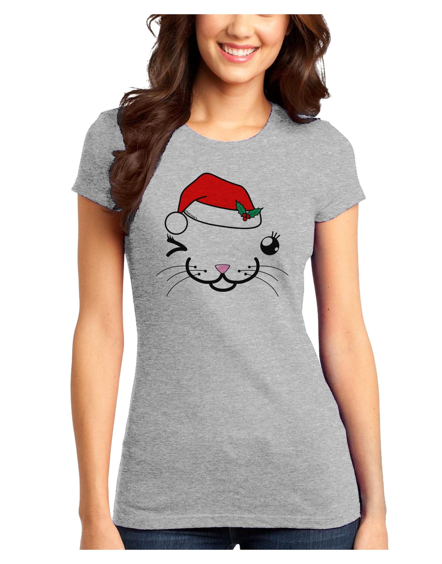 Kyu-T Face Kattia Santa Hat Girl Cat Juniors T-Shirt-Womens Juniors T-Shirt-TooLoud-Ash-Gray-Juniors Fitted X-Small-Davson Sales