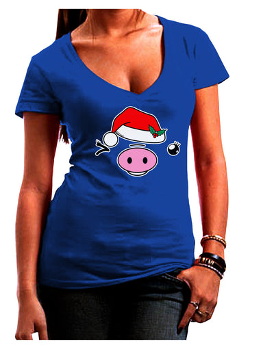 Kyu-T Face Oinkette Santa Hat Girl Pig Juniors V-Neck Dark T-Shirt-Womens V-Neck T-Shirts-TooLoud-Royal-Blue-Juniors Fitted Small-Davson Sales