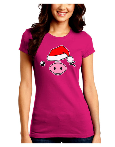 Kyu-T Face Oinkz Santa Hat Boy Pig Juniors Crew Dark T-Shirt-T-Shirts Juniors Tops-TooLoud-Hot-Pink-Juniors Fitted Small-Davson Sales