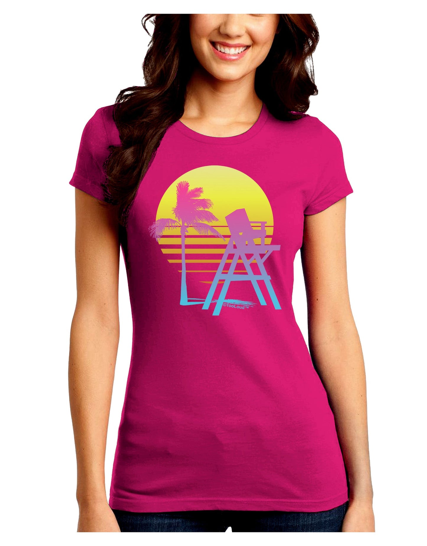 LA Beach Silhouette Letters Juniors Petite Crew Dark T-Shirt-T-Shirts Juniors Tops-TooLoud-Hot-Pink-Juniors Fitted Small-Davson Sales