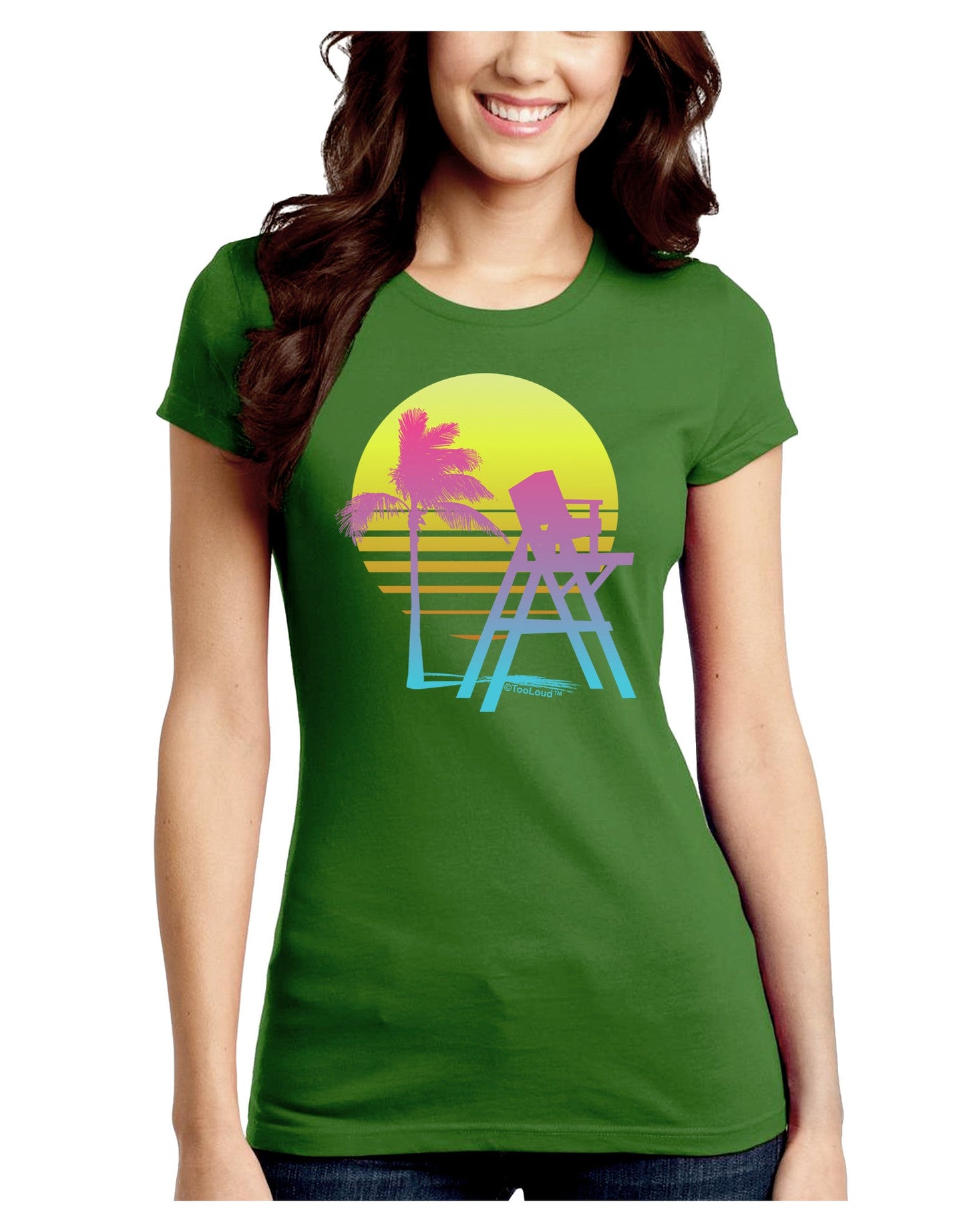 LA Beach Silhouette Letters Juniors Petite Crew Dark T-Shirt-T-Shirts Juniors Tops-TooLoud-Kiwi-Green-Juniors Fitted Small-Davson Sales