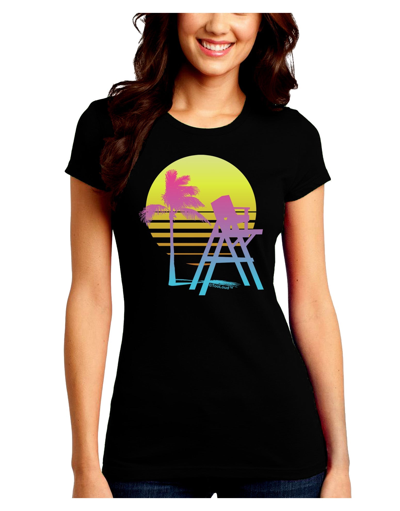 LA Beach Silhouette Letters Juniors Petite Crew Dark T-Shirt-T-Shirts Juniors Tops-TooLoud-Black-Juniors Fitted Small-Davson Sales