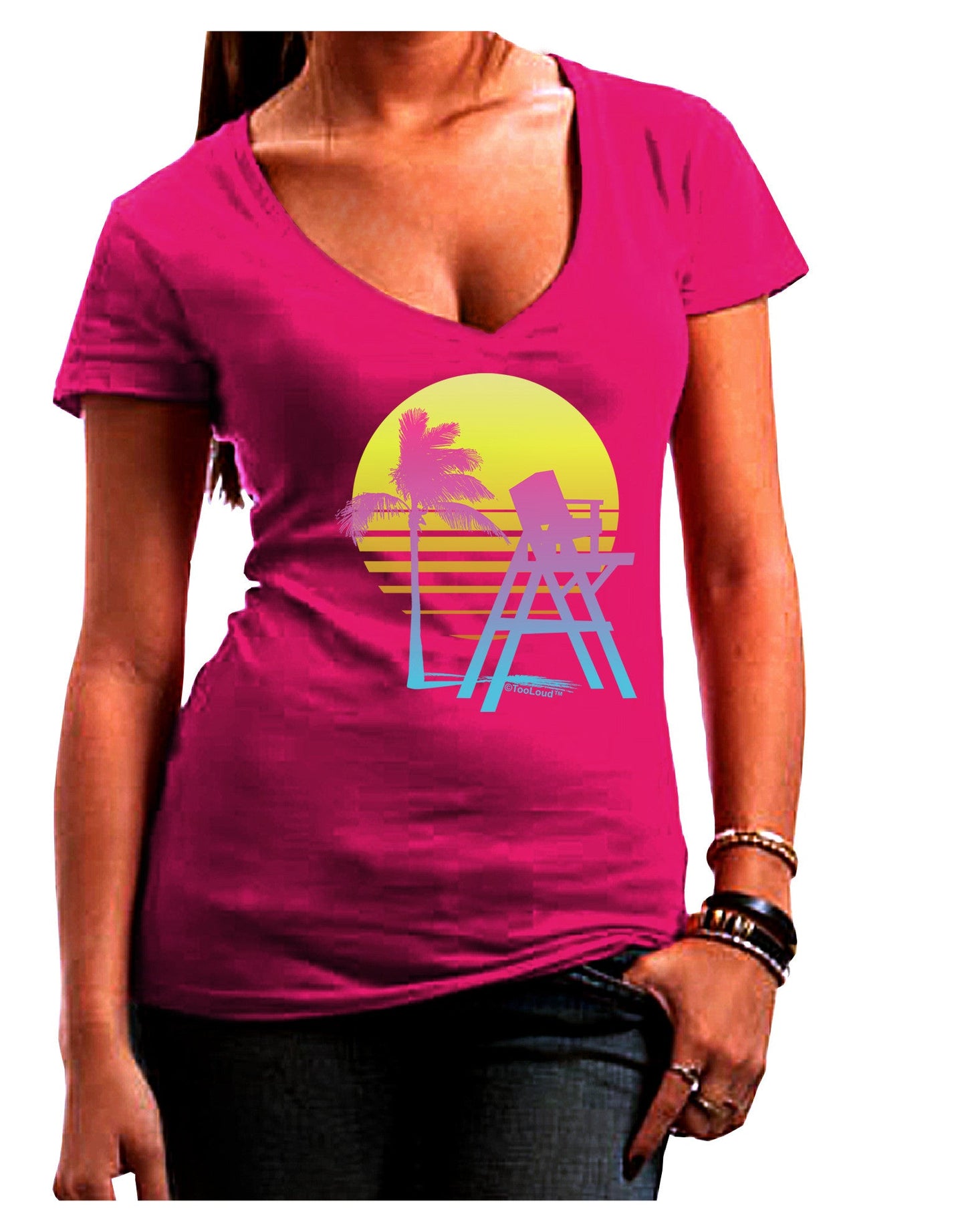 LA Beach Silhouette Letters Womens V-Neck Dark T-Shirt-Womens V-Neck T-Shirts-TooLoud-Hot-Pink-Juniors Fitted Small-Davson Sales