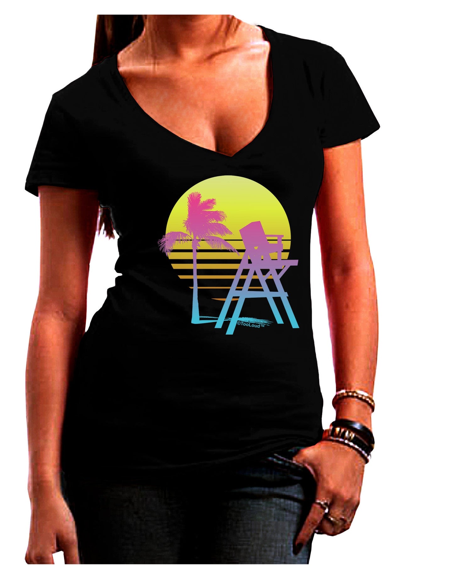 LA Beach Silhouette Letters Womens V-Neck Dark T-Shirt-Womens V-Neck T-Shirts-TooLoud-Black-Juniors Fitted Small-Davson Sales