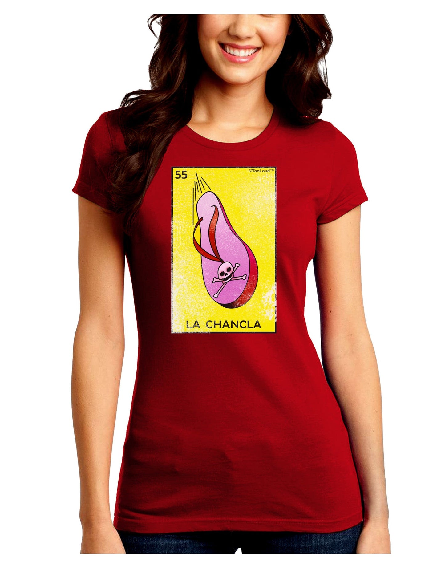 La Chancla Loteria Distressed Juniors Petite Crew Dark T-Shirt-T-Shirts Juniors Tops-TooLoud-Red-Juniors Fitted Small-Davson Sales