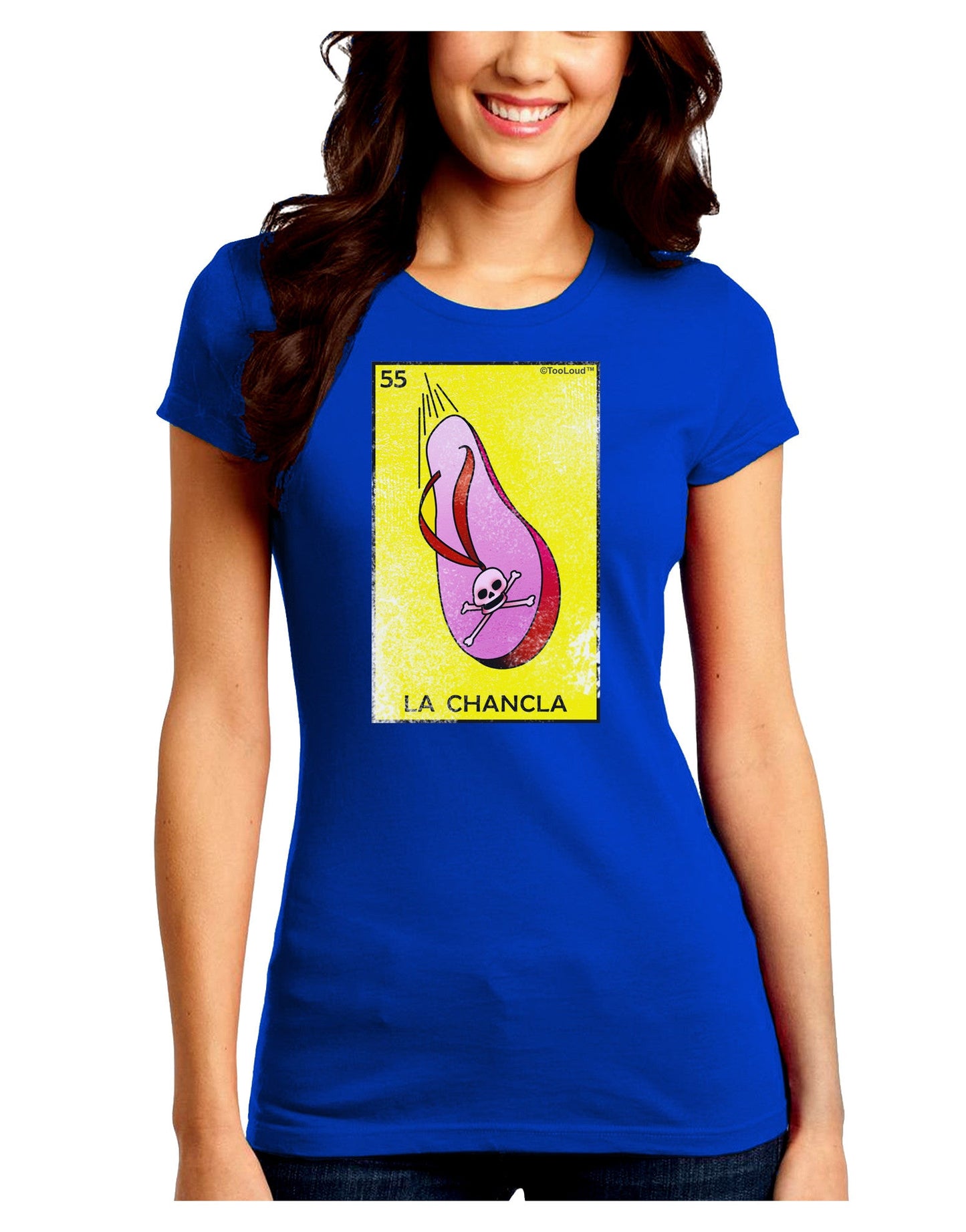 La Chancla Loteria Distressed Juniors Petite Crew Dark T-Shirt-T-Shirts Juniors Tops-TooLoud-Royal-Blue-Juniors Fitted Small-Davson Sales