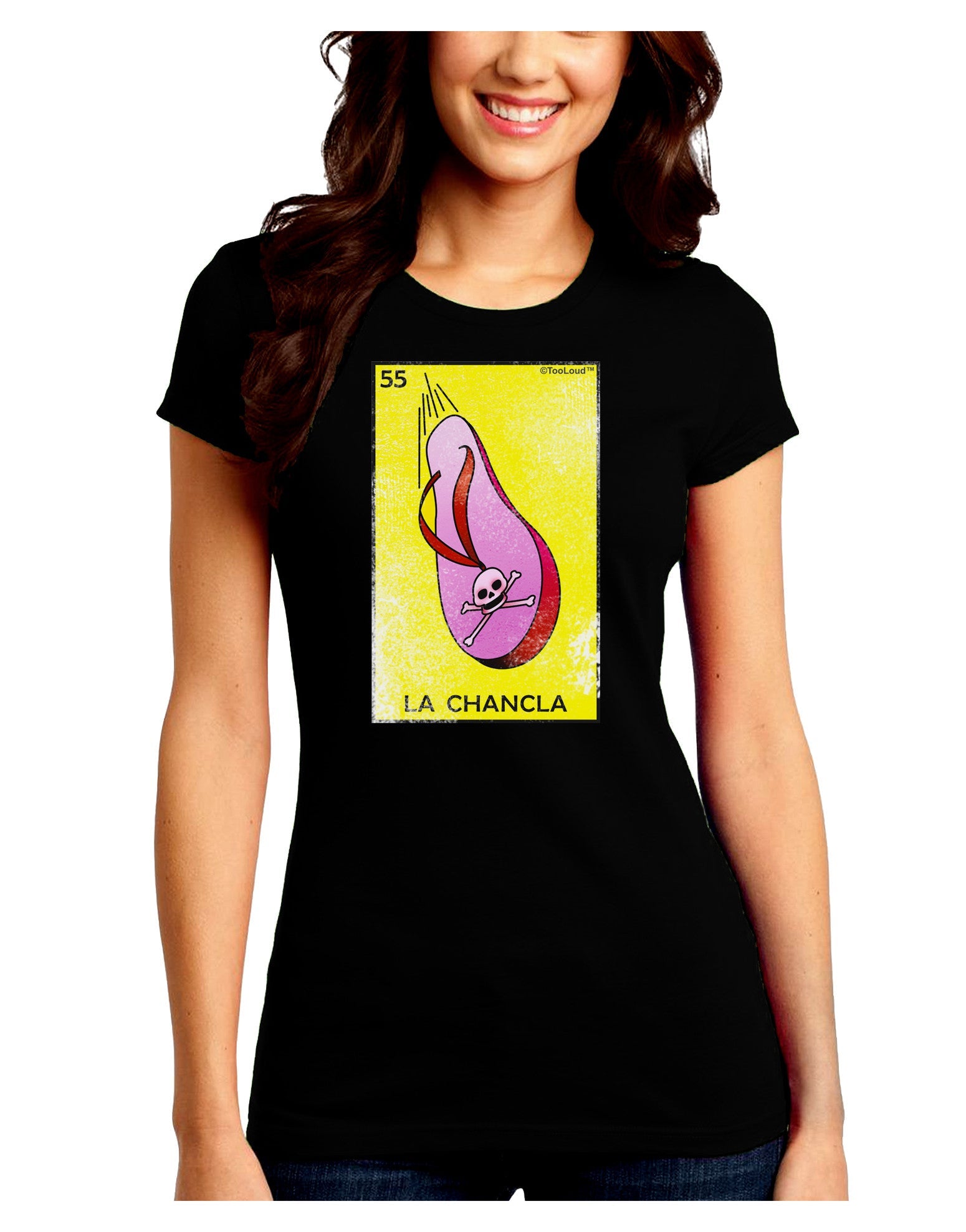 La Chancla Loteria Distressed Juniors Petite Crew Dark T-Shirt-T-Shirts Juniors Tops-TooLoud-Black-Juniors Fitted Small-Davson Sales
