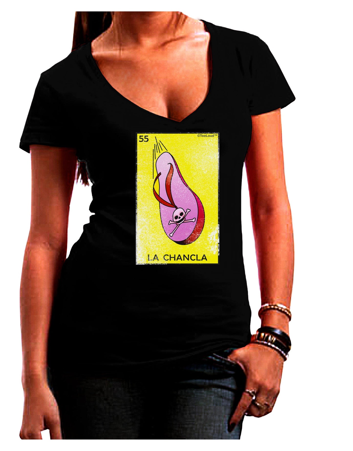 La Chancla Loteria Distressed Womens V-Neck Dark T-Shirt-Womens V-Neck T-Shirts-TooLoud-Black-Juniors Fitted Small-Davson Sales