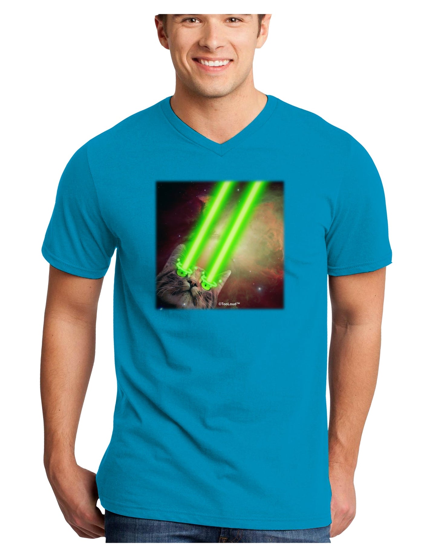 Laser Eyes Cat in Space Design Adult Dark V-Neck T-Shirt by TooLoud-Mens V-Neck T-Shirt-TooLoud-Turquoise-Small-Davson Sales