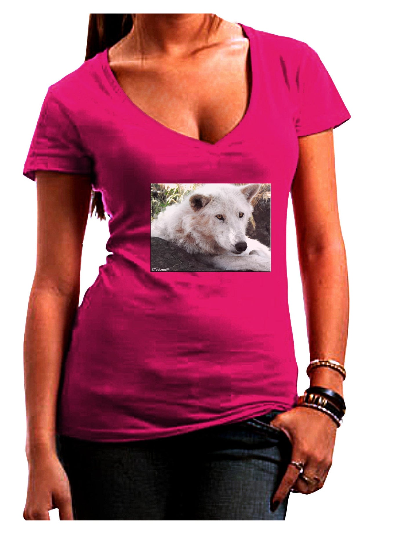Laying White Wolf Womens V-Neck Dark T-Shirt-Womens V-Neck T-Shirts-TooLoud-Hot-Pink-Juniors Fitted Small-Davson Sales