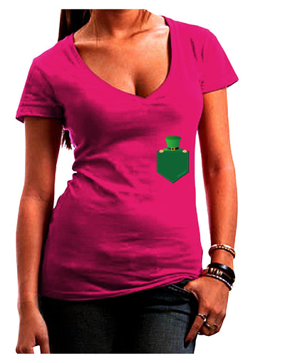 Leprechaun Peeking Out of Faux Pocket Juniors V-Neck Dark T-Shirt by TooLoud-Womens V-Neck T-Shirts-TooLoud-Hot-Pink-Juniors Fitted Small-Davson Sales