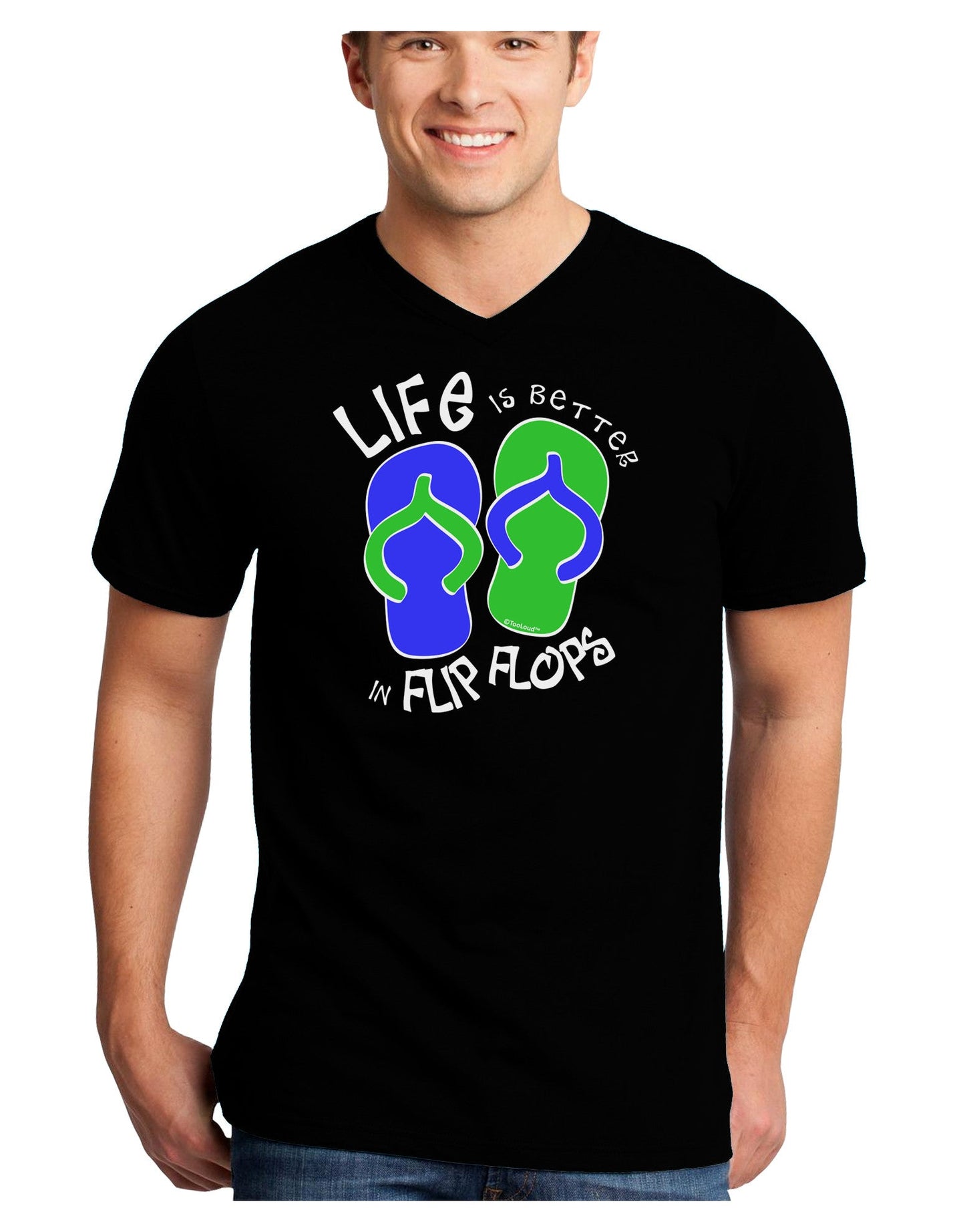Life is Better in Flip Flops - Blue and Green Adult Dark V-Neck T-Shirt-TooLoud-Black-Small-Davson Sales