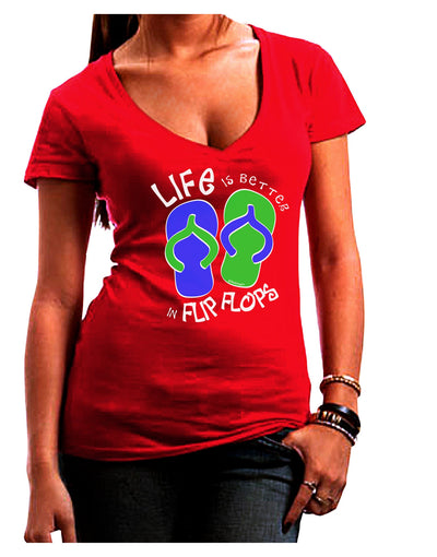 Life is Better in Flip Flops - Blue and Green Juniors V-Neck Dark T-Shirt-Womens V-Neck T-Shirts-TooLoud-Red-Juniors Fitted Small-Davson Sales