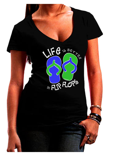 Life is Better in Flip Flops - Blue and Green Juniors V-Neck Dark T-Shirt-Womens V-Neck T-Shirts-TooLoud-Black-Juniors Fitted Small-Davson Sales